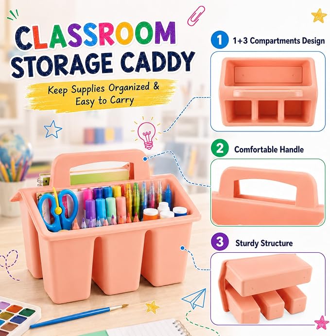 8 Pack Classroom Caddy Storage Basket with Handle 4 Compartment Storage Caddy Plastic Arts Crafts Caddies Protable Classroom Craft Caddies for Kids Schools Art Craft Supplies(Boho)