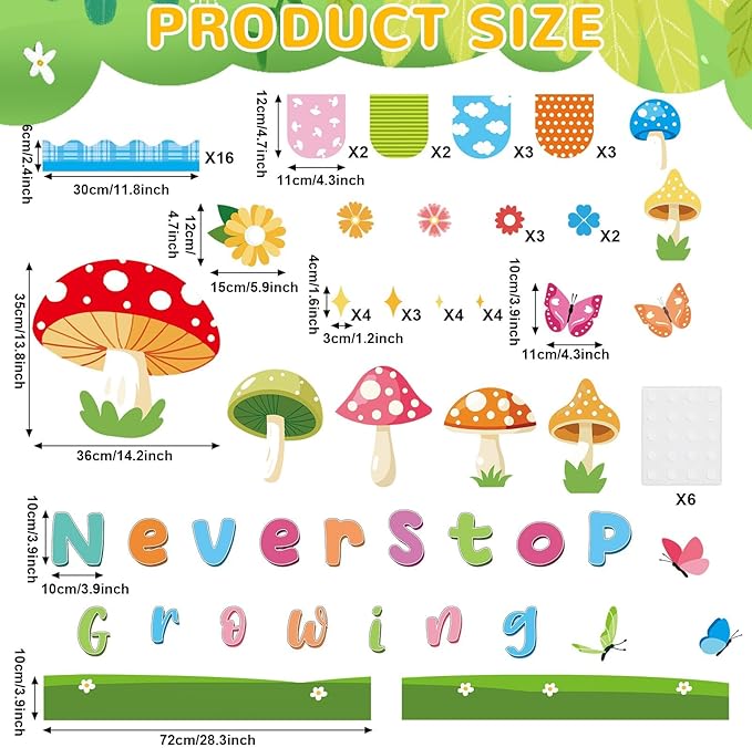Spring Bulletin Board Set Never Stop Growing Cutouts Spring Party Classroom Decoration Starry Mushroom Bulletin Board Mushrooms Butterflies Flowers Cutouts for School Classroom Chalkboard Wall Decor
