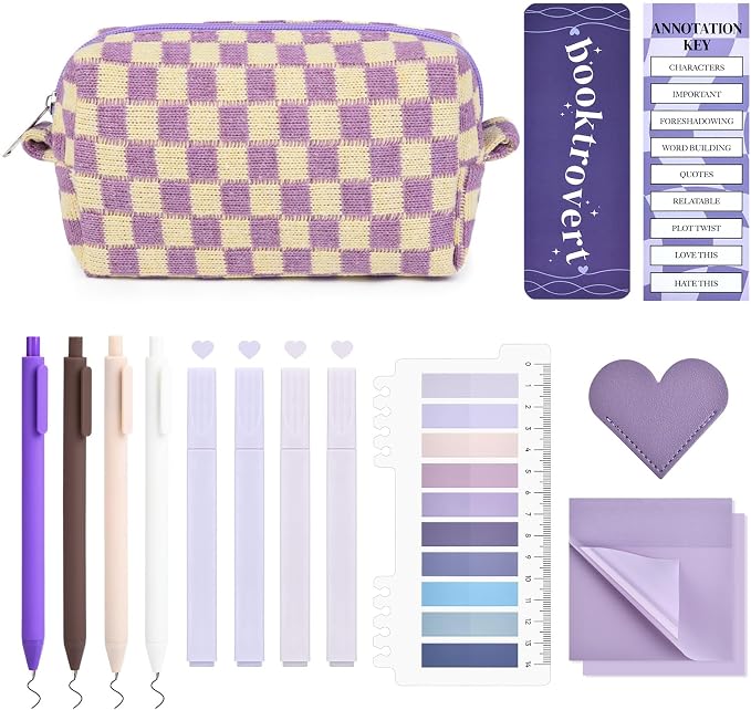 14 PCS Aesthetic Book Annotation Kit Large Checkered Pencil Case Book Lover Bookmark Dual Highlighters Gel Pens Study Supplies Stationary Set for Student Purple