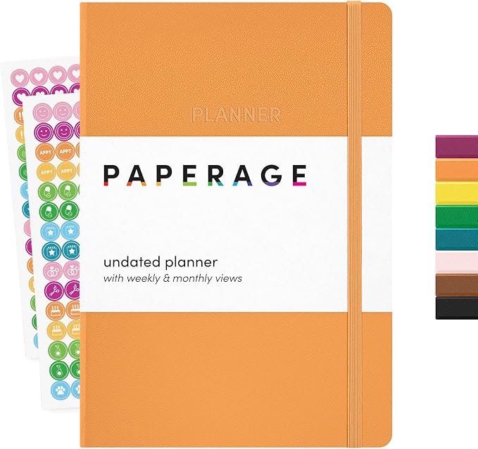PAPERAGE Undated Weekly & Monthly Hardcover Planner (Marigold), 5.6 in x 8 in, Includes Lined Note Pages & 2 Sticker Sheets