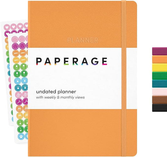PAPERAGE Undated Weekly & Monthly Hardcover Planner (Marigold), 5.6 in x 8 in, Includes Lined Note Pages & 2 Sticker Sheets