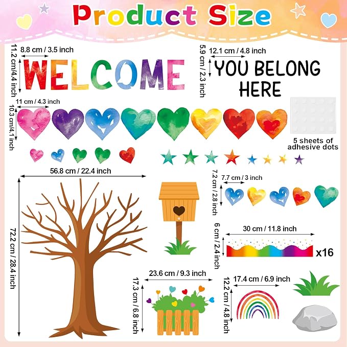 85pcs Classroom Tree Bulletin Board Heart DIY Photo Name Tags Cutouts Back to School Watercolor Accents You Belong Here Welcome Classroom Decor for Nursery Elementary Chalkboard Wall Decor（Watercolor）