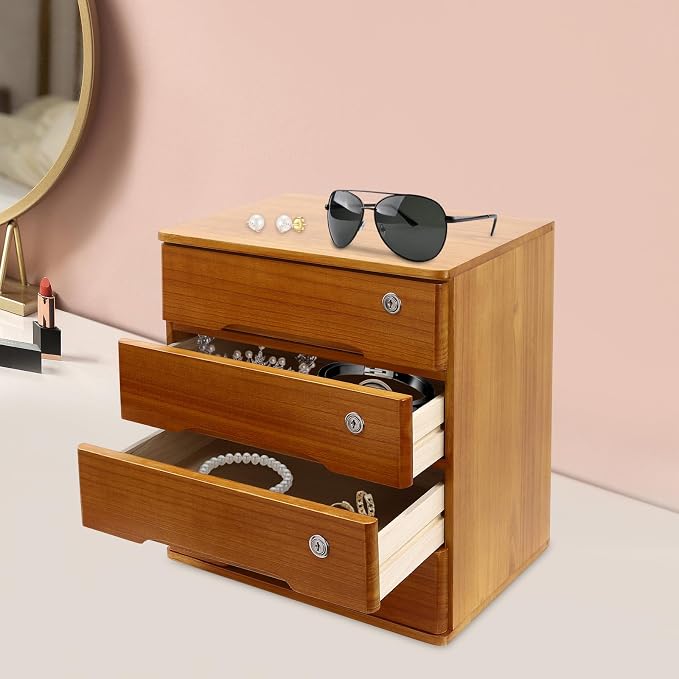 Desktop Storage Organizer Countertop Storage Cabinet with Lockable Drawers Wooden Desk Organizer for Office Supplies File Jewelry Accessories (4 Tiers)