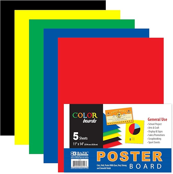 BAZIC Products Poster Board 11" X 14" Assorted Colored Poster Board Paper for School Craft Project Presentation Drawing Graphic Display (5/Pack), 1-Pack