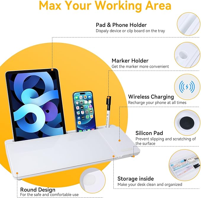 Small Glass Desktop Whiteboard Dry Erase Board with Wireless Charger Station - Computer Pad Keyboard Stand with Organizer for Home, School, Office Desk Accessories