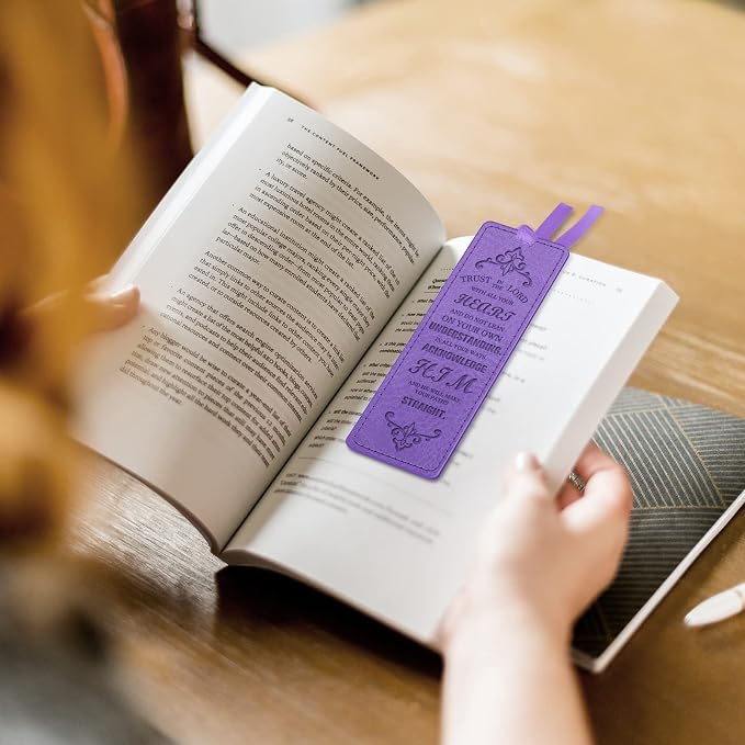 FINPAC Leather Bible Bookmarks, Vegan Religious Bookmarks, Bible Verse Book Markers Church Gifts for Women Men [Trust in The Lord with All Your Heart] - Violet