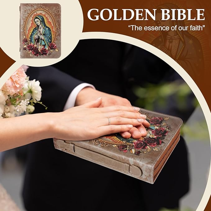 Fullhawl Spanish Bible Cover for Men Women PU Leather Bible Case 11x7.5x2.3 Inches Large Waterproof Christian Biblia Cover Print Decor for Wedding Church Religious Gift(Classical)