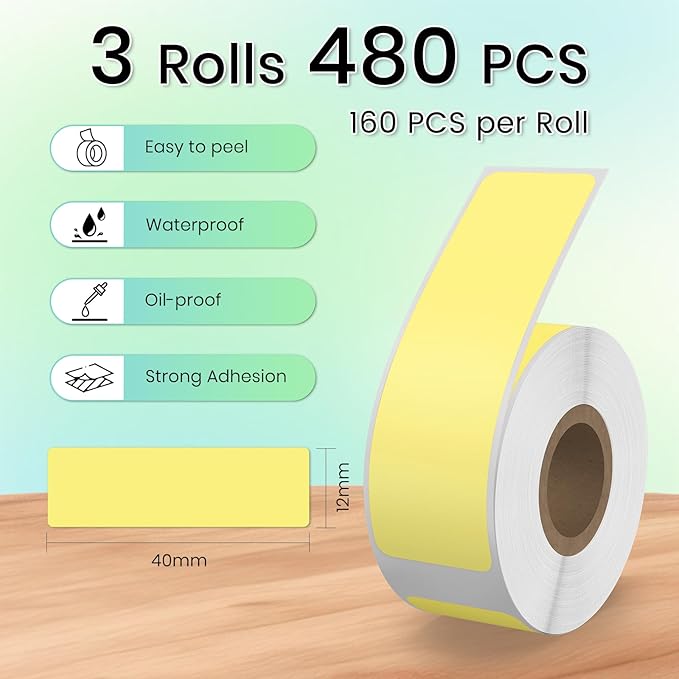 480 PCS D30 Label Maker Tape 0.47" × 1.57" (12 × 40 mm) Vinyl Waterproof Thermal Stickers Self-Adhesive Decals for Retail Office Home School Yellow