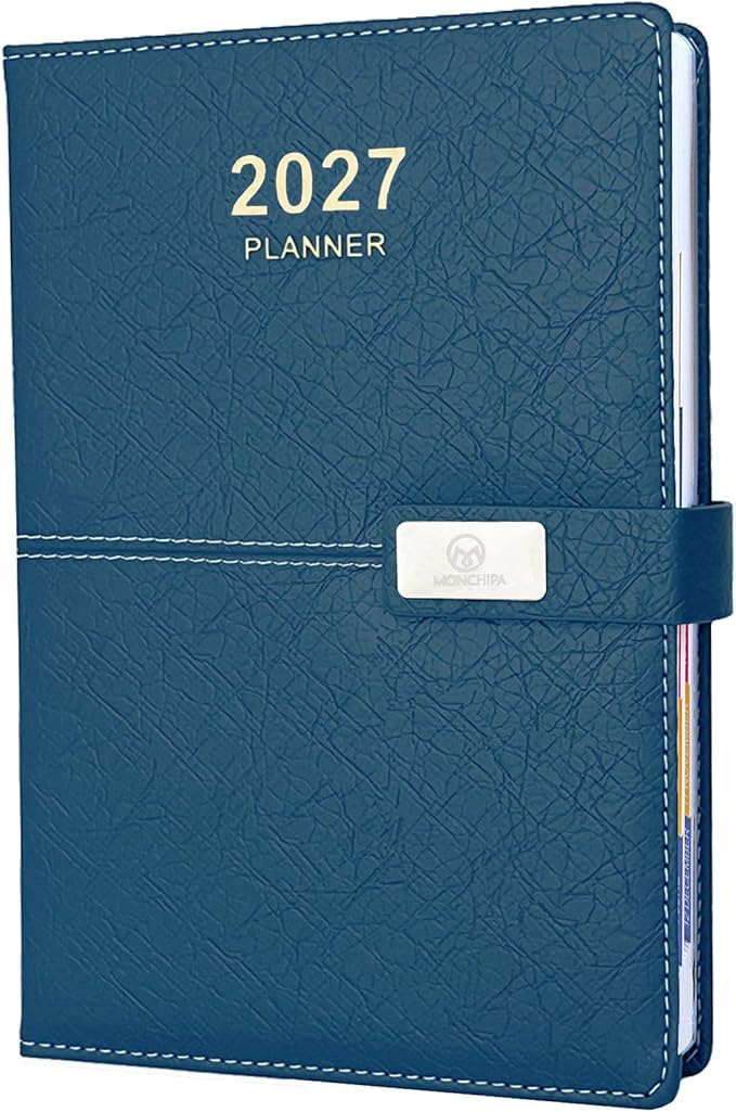 2027 Daily Planner - One Page per Day, 2027 Hourly Daily Calendar(Jan-Dec 2027), 5.7" x 8.26" Appointment Book, Leather Cover + Thick Paper (Blue)