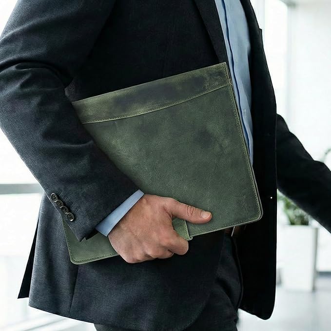 Leather Village Leather Portfolio Organizer - Professional Business Padfolio for Men & Women - Stylish Document Card Holder, Resume Folder, Folio for A4/Letter Size Writing Legal Pad, Olive