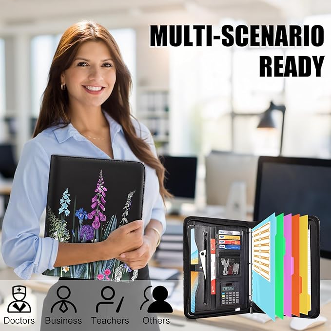 Eshow Portfolio Organizer - 3 Ring Binder with Zipper, Vegan Leather Business Padfolio Folder with Notepad Includes 5 Color Sheet Protectors for Documents Files for Men Women