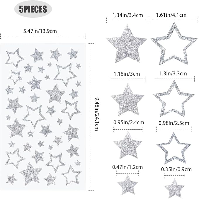 5 Sheets Glitter Silver Stars Stickers, Self-Adhesive Star Labels for Crafts, Christmas Decorations & Scrapbooks
