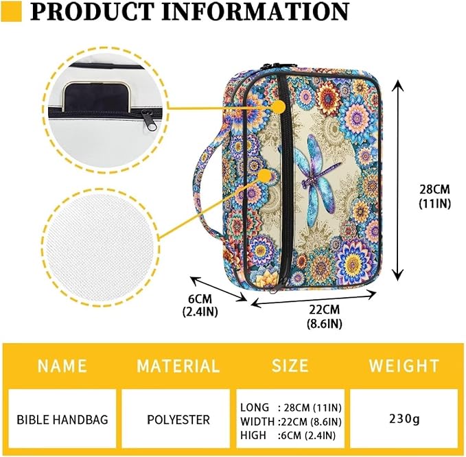 Boho Mandala and Dragonfly Print Bible Covers for Women Men Zippered Bible Carrying Case Bible Carrier Book Bag Church Bag Bible Protective with Handles