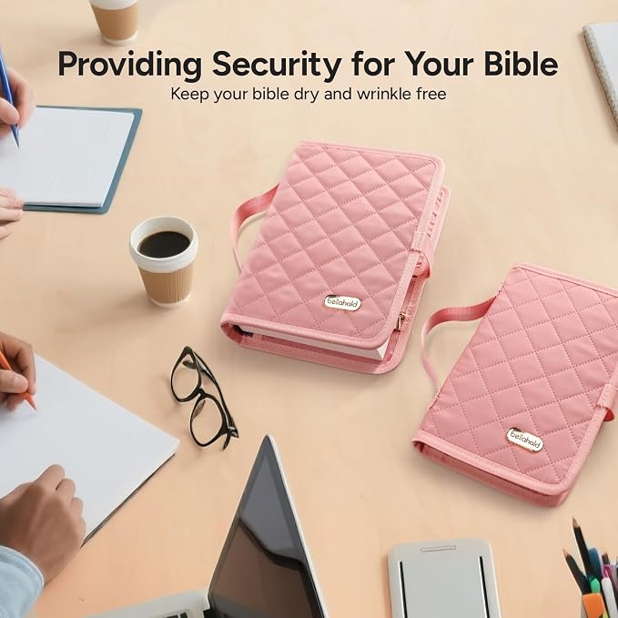 BellaHold Adjustable Bible Cover with 75 Bible Tabs - Bible Cover Case for Women，Waterproof, Washable Quilted Bible Case，Reusable Christian Gifts for Women (Pink, XL)
