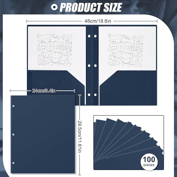 Yeaqee 100 Pcs Plastic Folders with Pockets Bulk 3 Hole Punched 2 Pocket File Folders for 3 Ring Binder Divider Folder for Notebooks, Durable Poly for Office Home (Navy Blue)