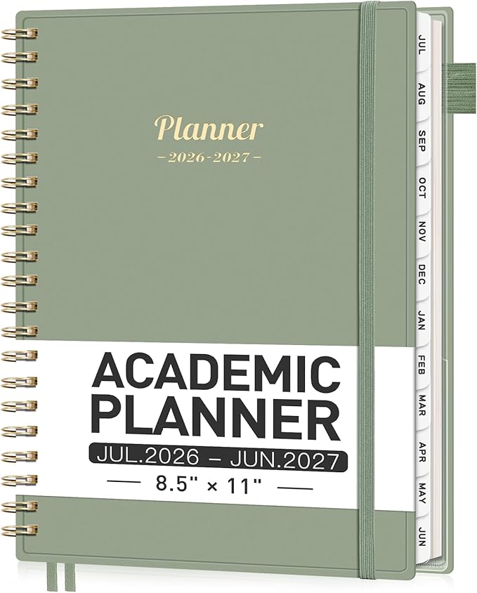 AHGXG Academic Planner 2026-2027, July 2026 - June 2027, Weekly and Monthly, 8.5" x 11", Calendar, Agenda for Women, Teacher, Student, School, 12-Month Tabs (Light Green)