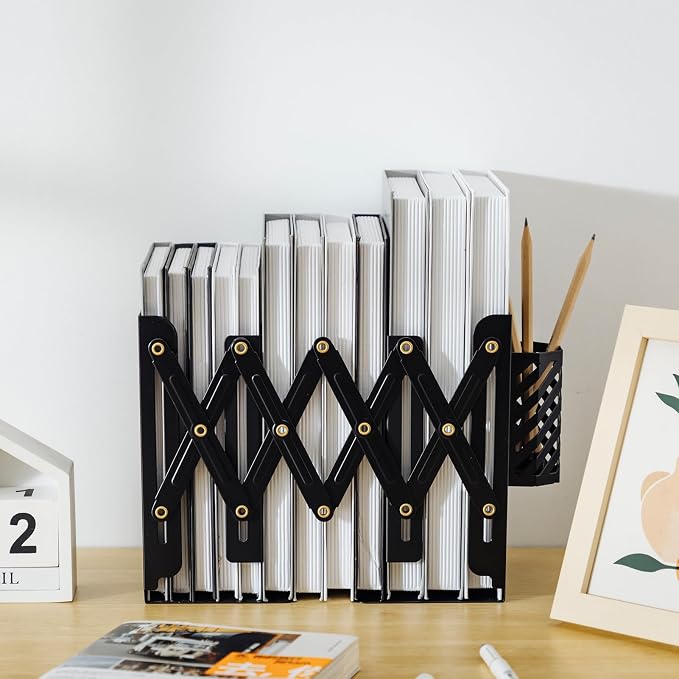 Adjustable Book Ends for Heavy Books, Metal Expandable Bookends for Shelves, Book Organizer Stopper Holder for Desk, Kids Room, Classroom, Office, Library (Black)