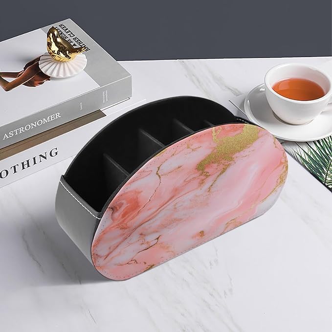 Pink And Gold Marble Pattern Remote Control Holder with 5 Compartments Leather TV Remote Caddy Remote Storage Box Desktop Organizer for Pen/TV Remotes/Media Controllers/Office Supplies