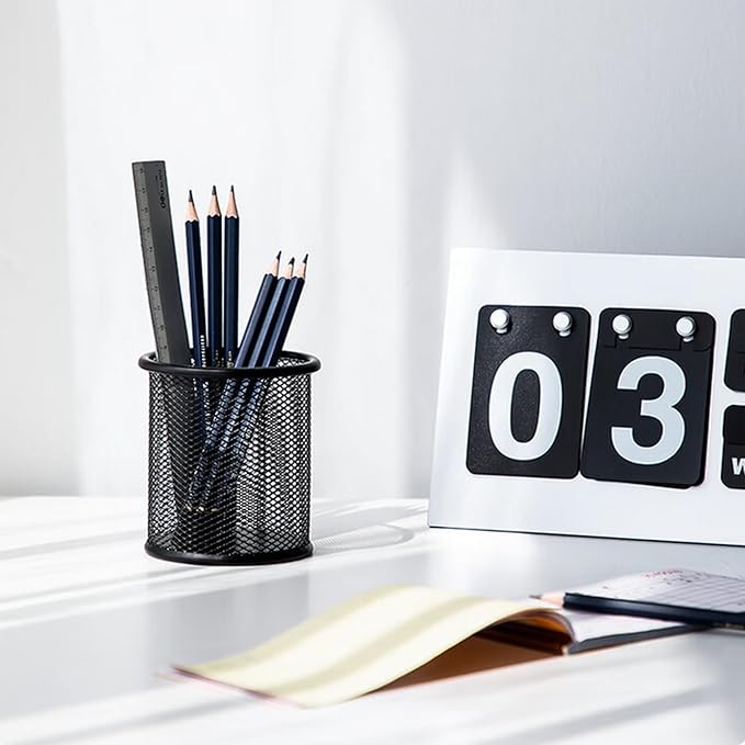 Wire Mesh Pen Cup, Black Metal Pencil Holder, Round Stationary Pen Stand Organizer for Desk Office Pen Storage, ‎3.5" x 3.9"