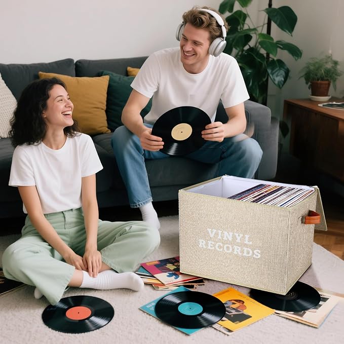 Lukeline Vinyl Record Storage Box, Decorative Moving Box for Records with Handles,LP Record Storage Holds up 100+ Records for Living Room, Study, Concert Hall or Office