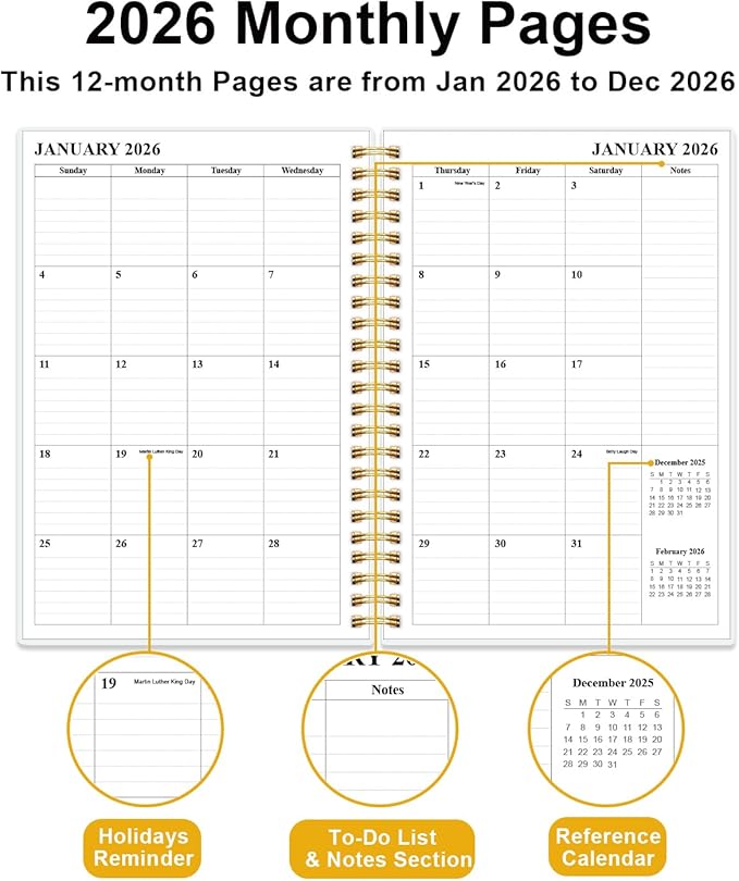 Monthly Planner 2026 - Monthly Calendar from January 2026 to December 2026, 2026 Planner with Inner Pocket, Elastic Band, 5.8" x 8.5", White Gold Flower