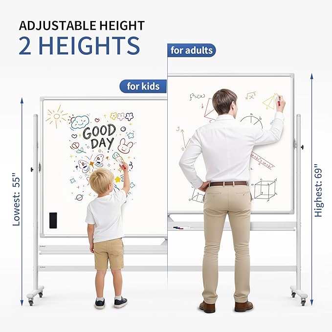 Double-Sided 40" x 28" Mobile Whiteboard with Wheels | Rolling Magnetic Dry Erase Board on Stand | Adjustable Height Silver Frame White Board for Office, Classroom & Home