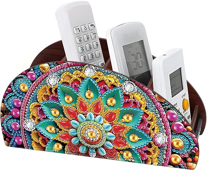 Remote Control Holder with 4 Compartments, DIY Diamond Art Painting Wooden Half Moon TV Control Holder for Remote Controllers, Office Supplies, Makeup Brush, Media Accessories-Mandala-5