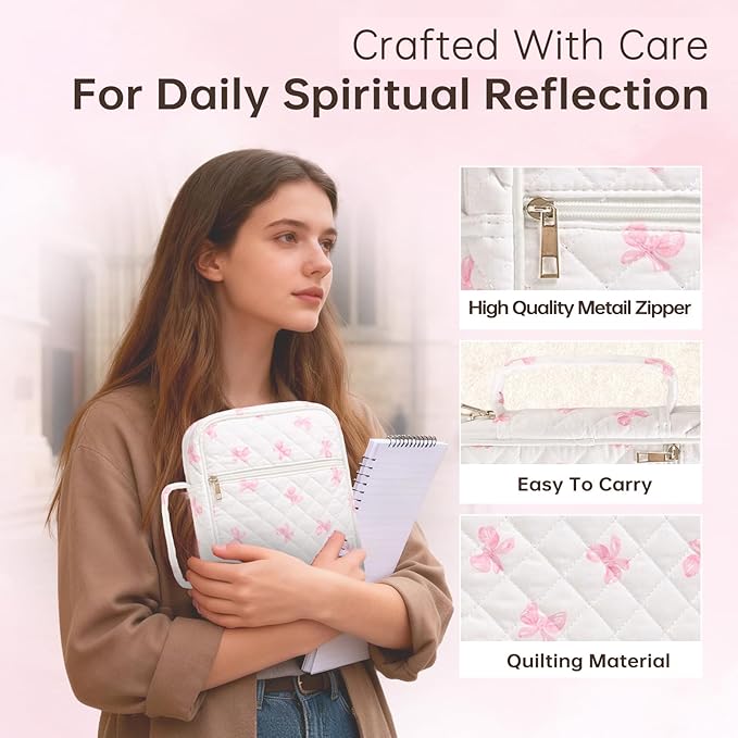 Bible Cover Case for Women Large Bible Cover Bag Quilted Bible Carrying Case for Girls Bible Study Supplies Accessories Christian Gifts for Women (New Pink Bow, Large)