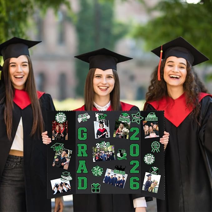 4 Set Graduation Photo Display Board, Class of 2026 Black Green Trifold Poster Board with Grad Pattern Stickers, Graduation Photo Props Collage for Multiple Pictures Party Decorations, 16x24 Inch