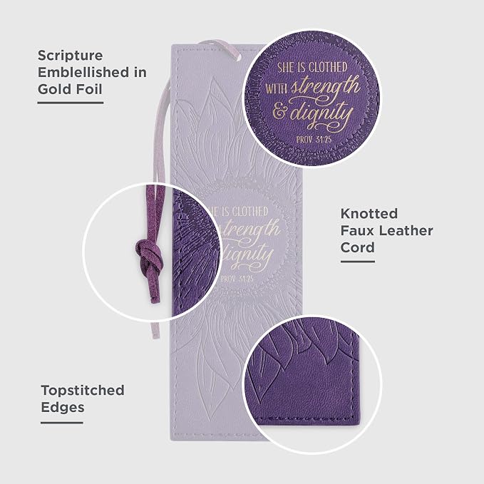 Christian Art Gifts Vegan Leather Scripture Bookmark for Women: Strength and Dignity - Proverbs 31:25 Inspirational Bible Verse Heat-Debossed, Faith-Based Reading Accessory w/Tassel, Purple Sunflower