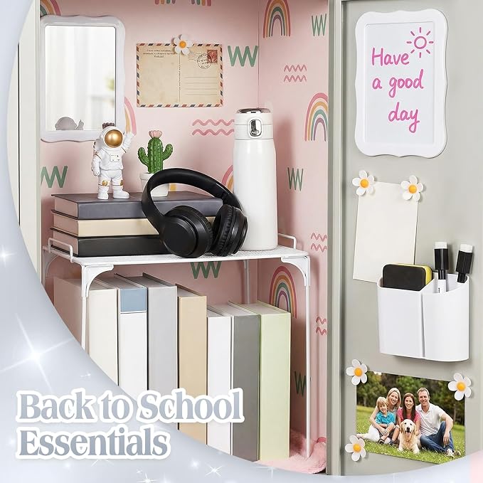 Colarr 16 Pcs White Locker Accessories for Girls Includes Magnetic Whiteboard & Mirror Locker Shelf Pen Holder 2 Dry Erase Marker & Eraser 9 Flowers for Back to School Essentials Decoration