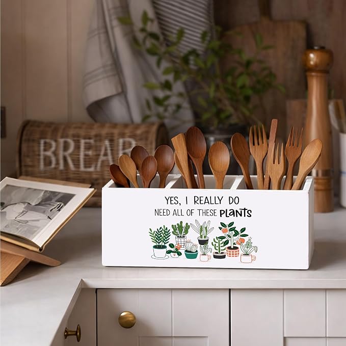 Plant Lover Desk Organizer Wooden Pen Pencil Holder for Desk, 3 Compartments Office Accessories, Yes I Really Do Need All of These Plants Funny Decor, Botanical Theme Table Storage for Home Office