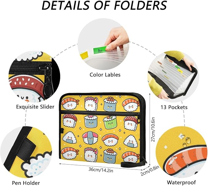 Cute Funny Sushi 13 Pockets Expanding File Folder with Sticky Labels Accordion File Folder Document Organizer Letter Size A4 Papers Expandable File Keeper