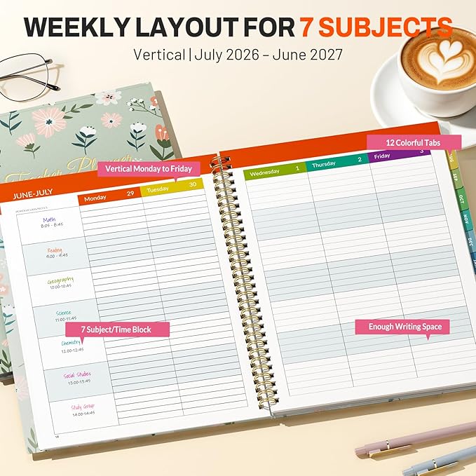 SUNEE Teacher Planner 2026-2027 Academic Year, 7 Periods Lesson Plan Book Jul 2026 - Jun 2027, 8.5"x11" Weekly Monthly Organizers Vertical Layout with Calendars, Bookmark, Waterproof Cover, Wildflower