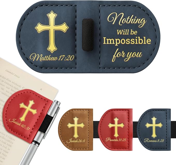 Personalized Magnetic Leather Bookmark with Pen Holder - Bygone Mark Custom Bible Verse Bookmarker,Book Marker for Men & Women,Book Lovers,Readers,Church(Blue,Matthew 17:20)
