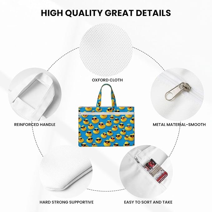 Waterproof Canvas Document Bag Cute Rubber Yellow Ducks with Sunglasses, Zippered File Briefcase with Handle for Office Meetings and Travel