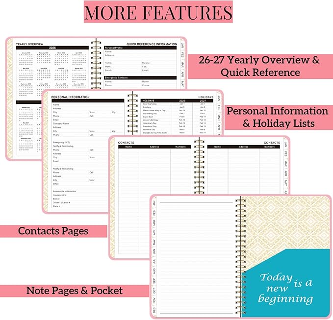 2026 Planner Weekly and Monthly,Pink Daily Cute Planner for Women Student,Jan 2026 to Dec 2026,Small A5 (6.3" x 8.5")Glitter Hardcover Spiral Agenda Calendar Book with Tabs for Office School Home Work