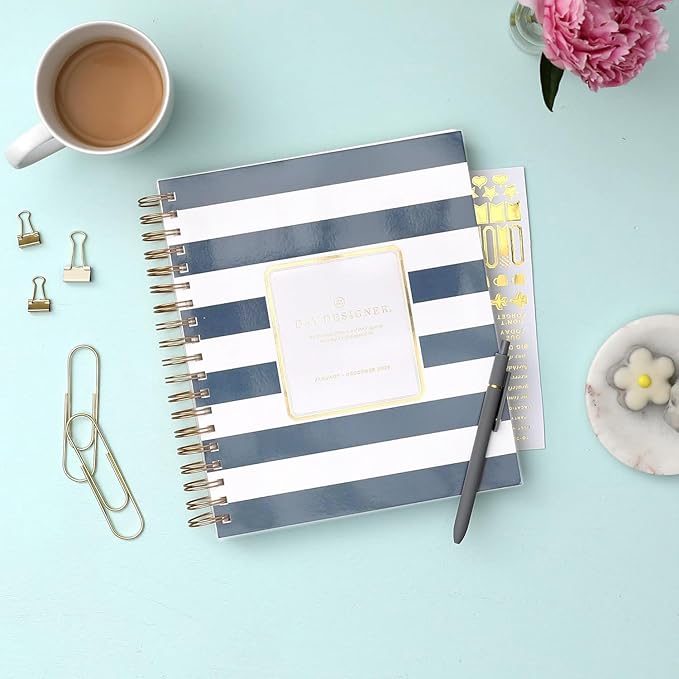Blue Sky Day Designer 2026 Daily and Monthly Planner Calendar, January 2026 - December 2026, 8" x 10", Flexible Cover, Laminated Tabs, Includes Storage Pocket, Stickers, Rugby Stripe Navy