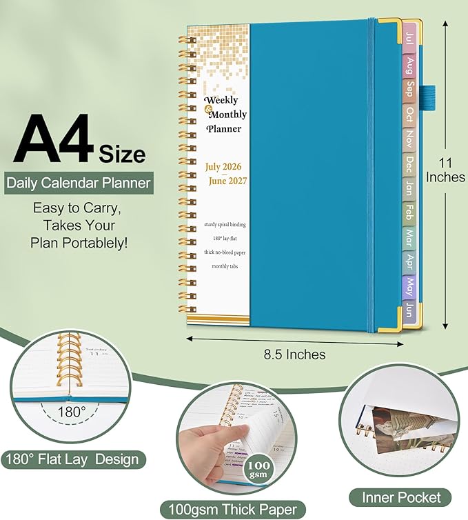 Academic Planner 2026-2027, Hardcover Weekly and Monthly Calendar Planner from July 2026 - June 2027, Daily Agenda Planners with Tabs, College School Organizer for Student Teacher, A4 (8.5" x 11"), Sky Blue