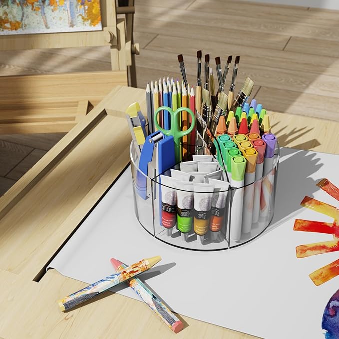 Mefirt Acrylic Pen Holder, 2 Pack 360 Rotating Organizer With 6 Compartments, Desk Office Storage for 800 Pens, Markers, Crayons and Art Supplies
