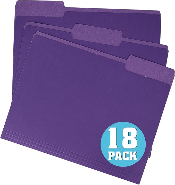 pmybupo File Folders 18 Pack 8.5x11 Inch,1/3 Cut Tab Colored File Folders Letter Size,Office Purple Folders for Document