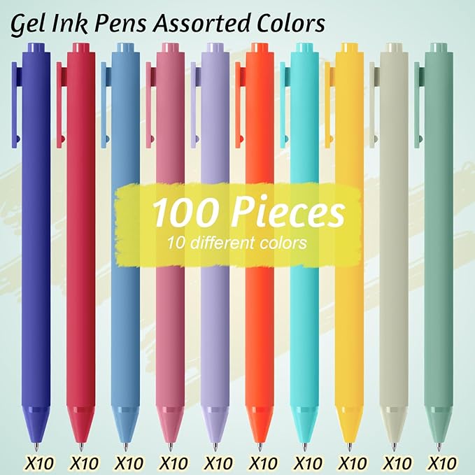 Crtiin 100 Pcs Gel Pens Bulk, 0.5mm Fine Point Black Ink Pens, Retractable Smooth Writing Quick Dry, Colored Aesthetic for School Office Journaling Teacher Appreciation Mother Day (Rainbow Colors)