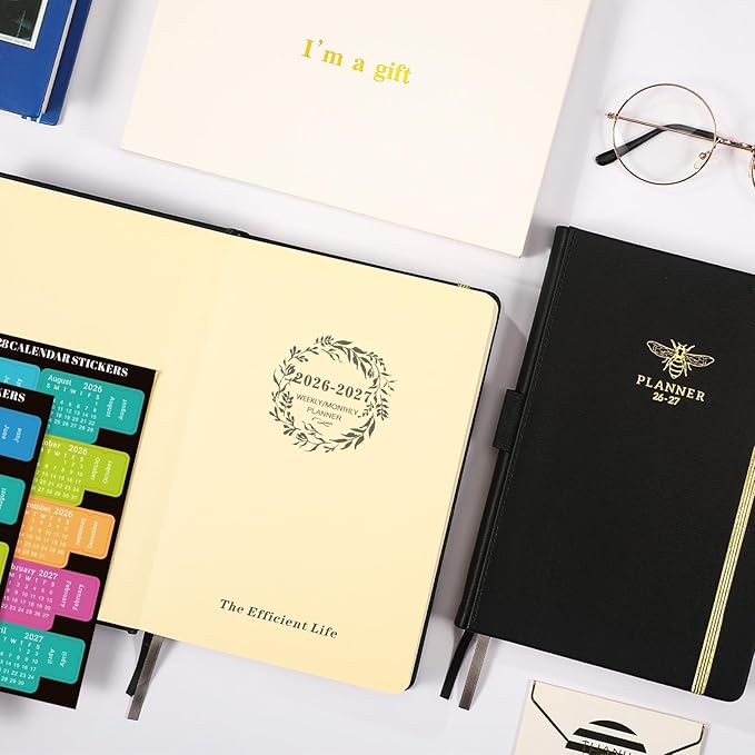 2026-2027 Planner - Planner 2026-2027 Weekly and Monthly with Calendar Stickers, JUL 2026 - JUN 2027, 5.75" x 8.25", Saffiano Leather, Pen Loop, Back Pocket - Black Bee
