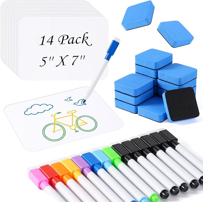 Mini White Boards for Students, 14 Pack 5 x 7 Inch Double-Sided Dry Erase Boards with Markers & Erasers, Reusable Small Lap Boards for Classroom Teacher Student Interactive Learning