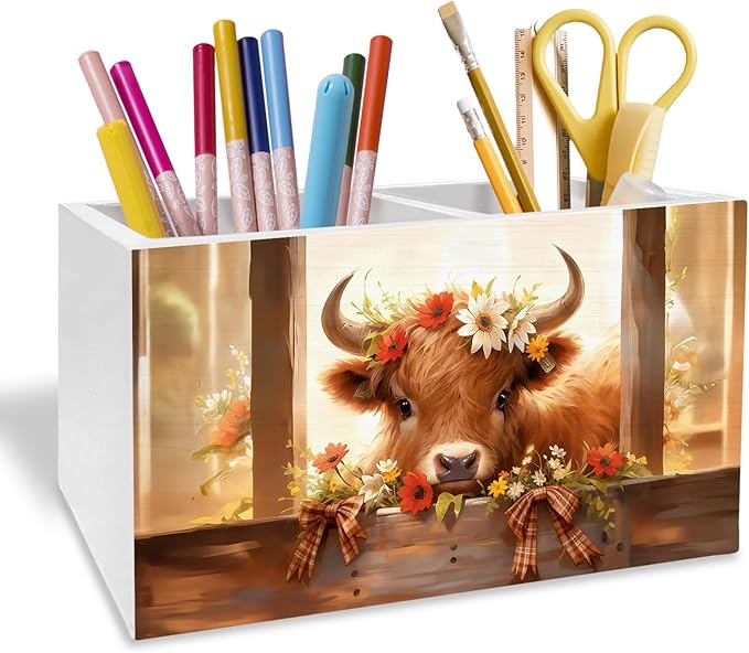 Rustic Floral Highland Cow Pen Holder for Desk, Gifts for Highland Cow Lovers Pencil Organizer, Farmhouse Heifer Wooden Box Sign Desk Decor for Girl Nursery Home Office Decoration