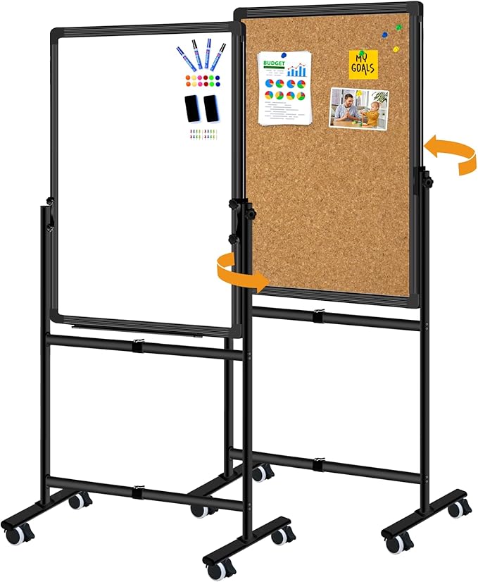Max-officoo Double Sided Standing Corkboard and Magnetic White Board Dry Erase, 24"x36" Adjustable Height & Angle Mobile Whiteboard with Rolling Wheels