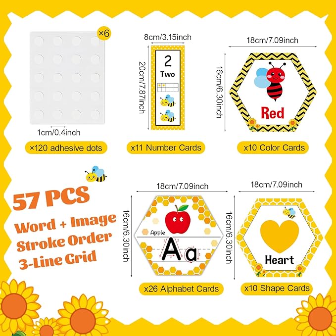 Bee Themed Alphabet Number for Classroom Wall Honeycomb Bulletin Board Manuscript Educational Cards ABC Letters Numbers Shapes Colors Poster for Preschool Elementary Early Learning Decor