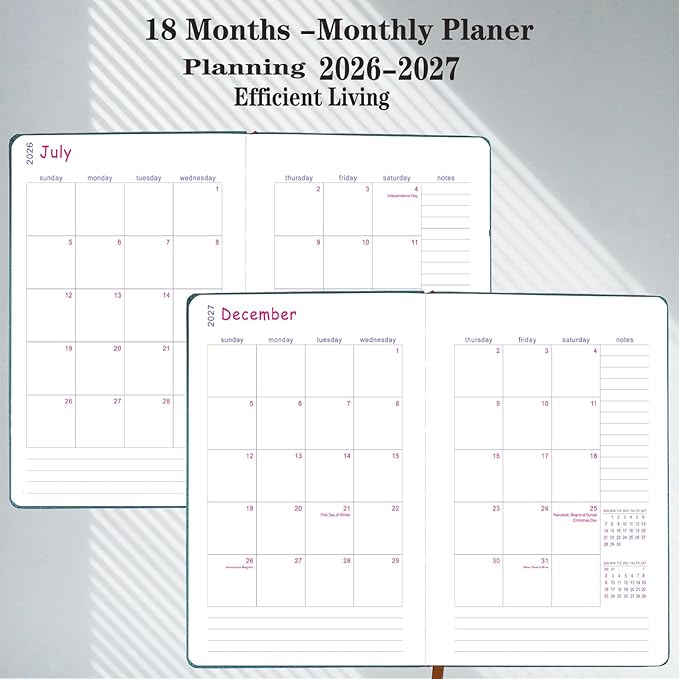 Planner 2026-2027, Weekly Monthly Academic Calendar for Jul 2026 - Dec 2027 [18 Month Agenda], 8.26" x 5.9" Faux Leather Cover + Thick Paper (26-27 Brown)