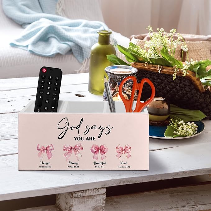 Pink Coquette Bow Christian Pen Pencil Holder Organizer for Desk Accessories, God Says You Are Bible Verse Inspirational Preppy Wooden Box Sign Desk Decor for Girly Bedroom Dorm Decoration