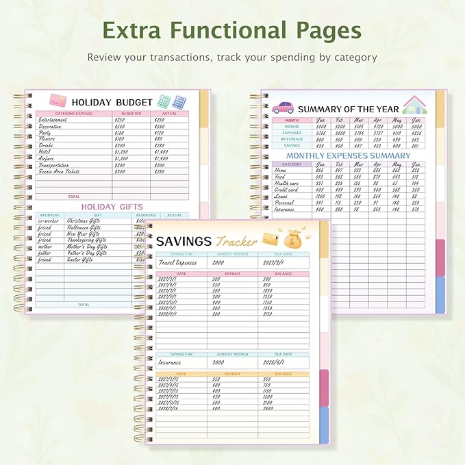 Ospelelf Budget Planner and Monthly Bill Organizer, Spiral Bindding Money Expense Tracker with Pockets & Stickers, 9" X 11" Large Pages for Spacious Writing, Original Fun Colorful Design, 12 Month Financial Notebook Green Floral